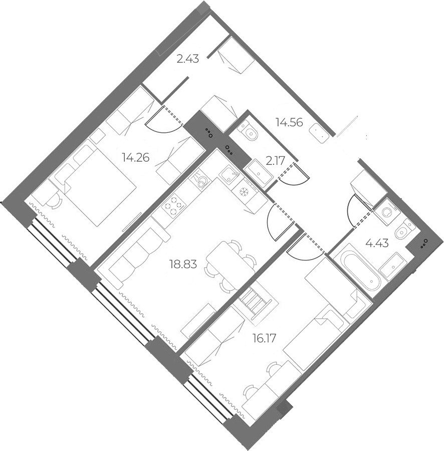 2-комнатная квартира 72.85 м², 2/20 эт., ЖК «Огни Залива»